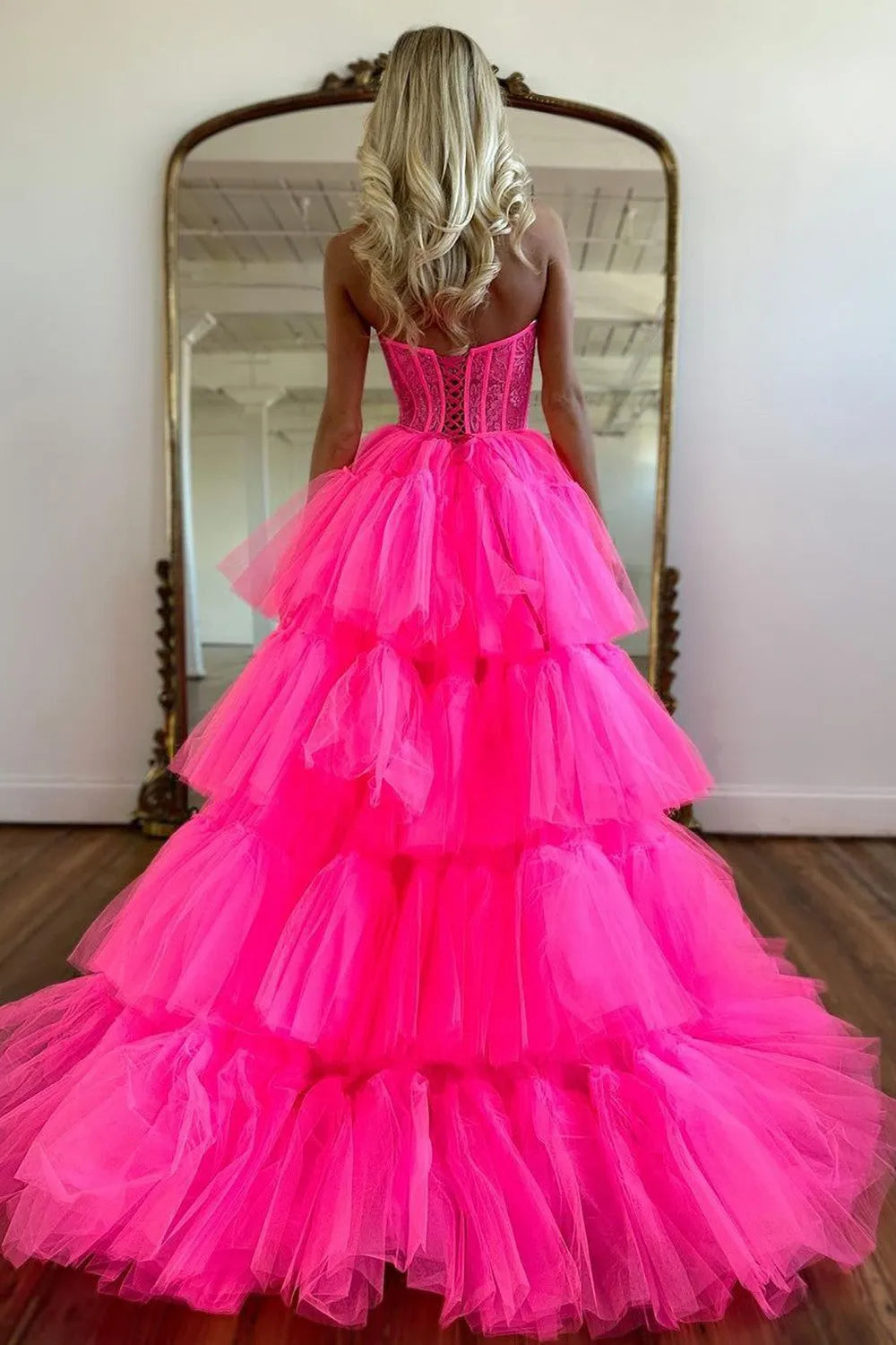 Elegant Hot Pink Asymmetrical Sweetheart Neck Sleeveless Lace Up Lace Tiered Tulle High-Low Prom Party Dress ﻿