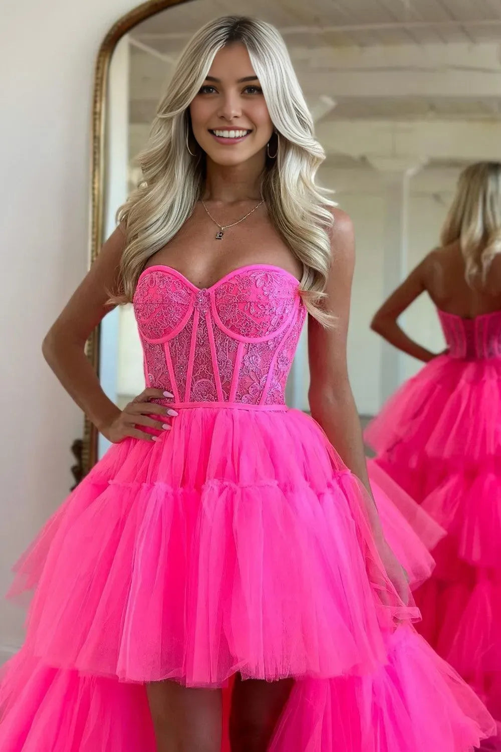 Elegant Hot Pink Asymmetrical Sweetheart Neck Sleeveless Lace Up Lace Tiered Tulle High-Low Prom Party Dress ﻿