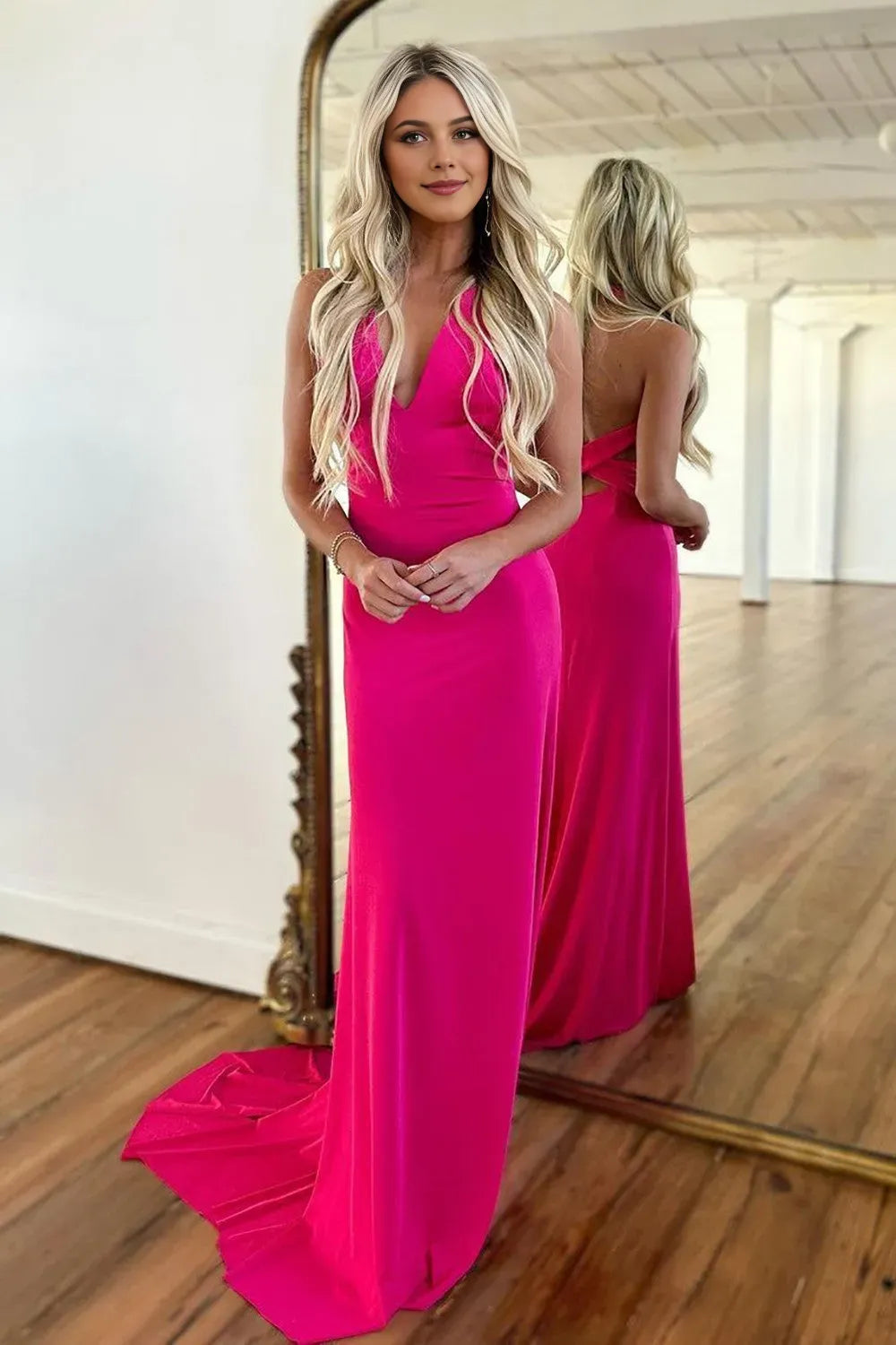 Elegant Hot Pink Mermaid V-Neck Sleevelsss Crisscross Back Floor-Length Prom Party Dress