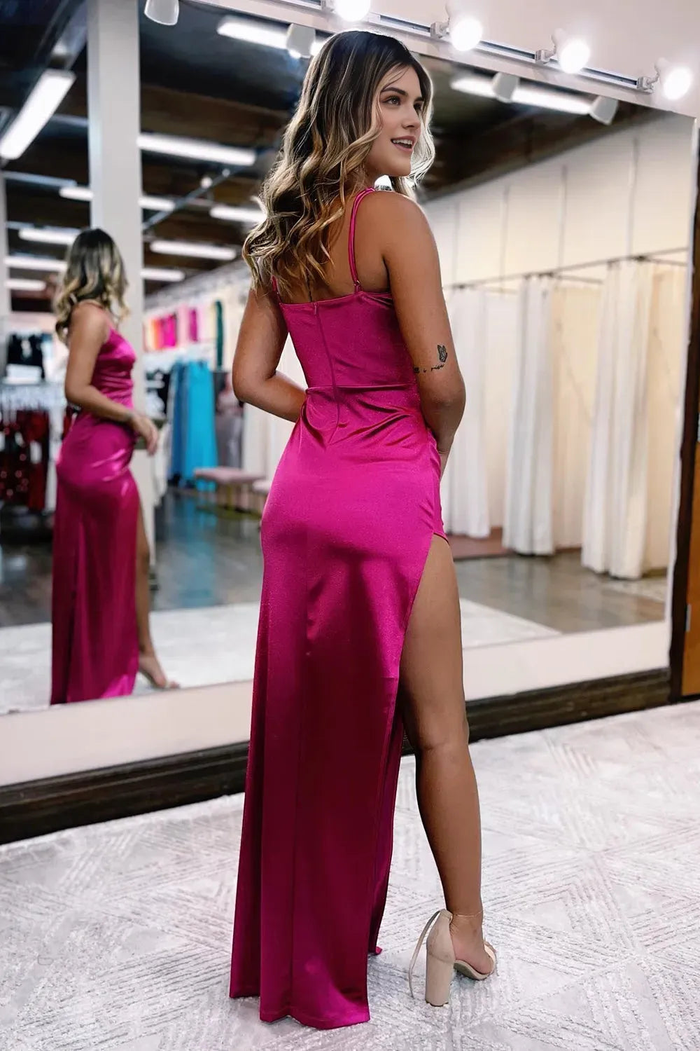 Elegant Hot Pink Sheath Cowl Neck Spaghetti Straps Back Zip Satin Ruched High-Slit Floor-Length Prom Dress with Split Front