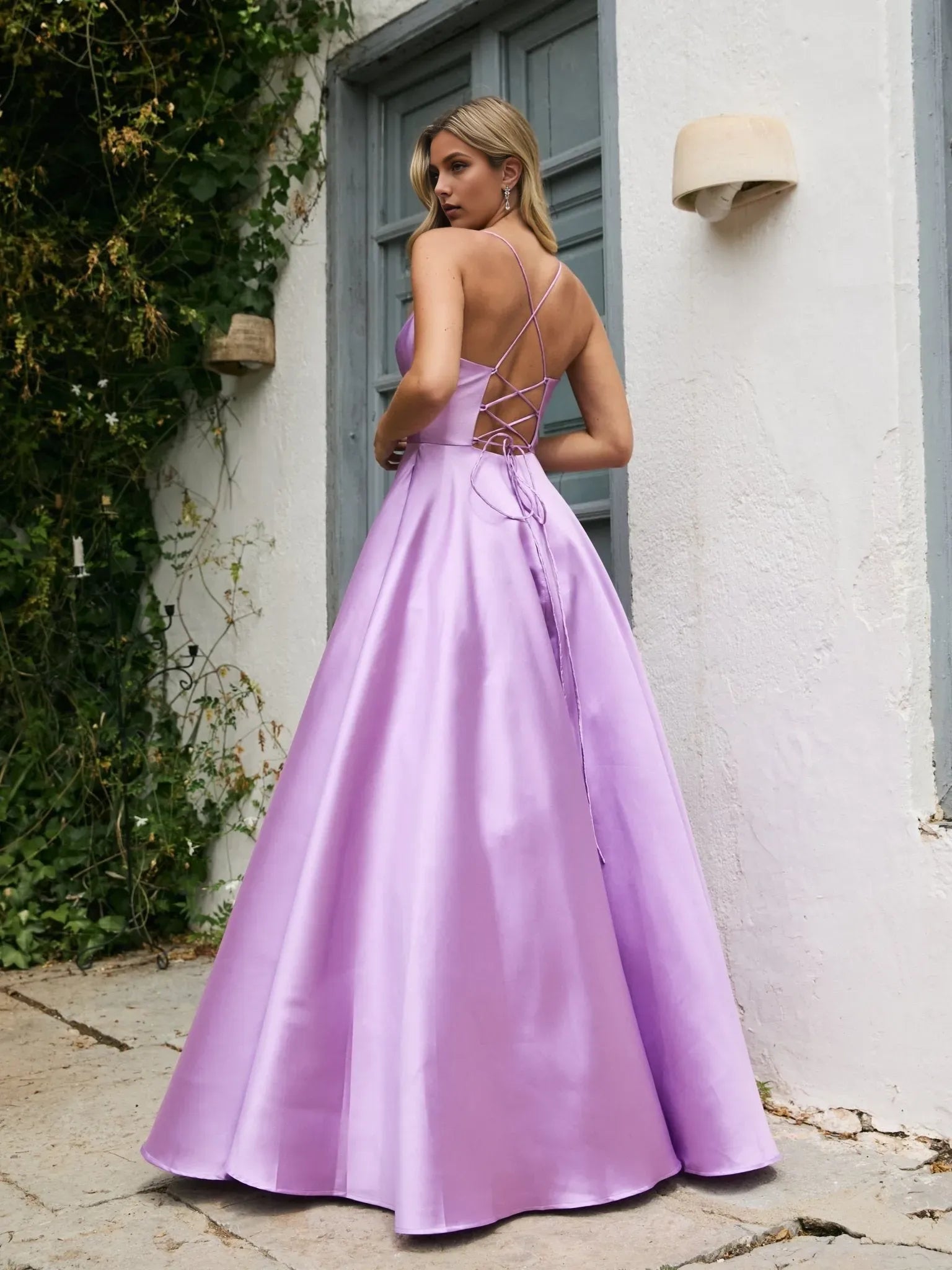 Elegant Lavender A-Line Deep V- Neck Spaghetti Strap Lace-Up Back Floor-Length Satin Prom Dress ﻿