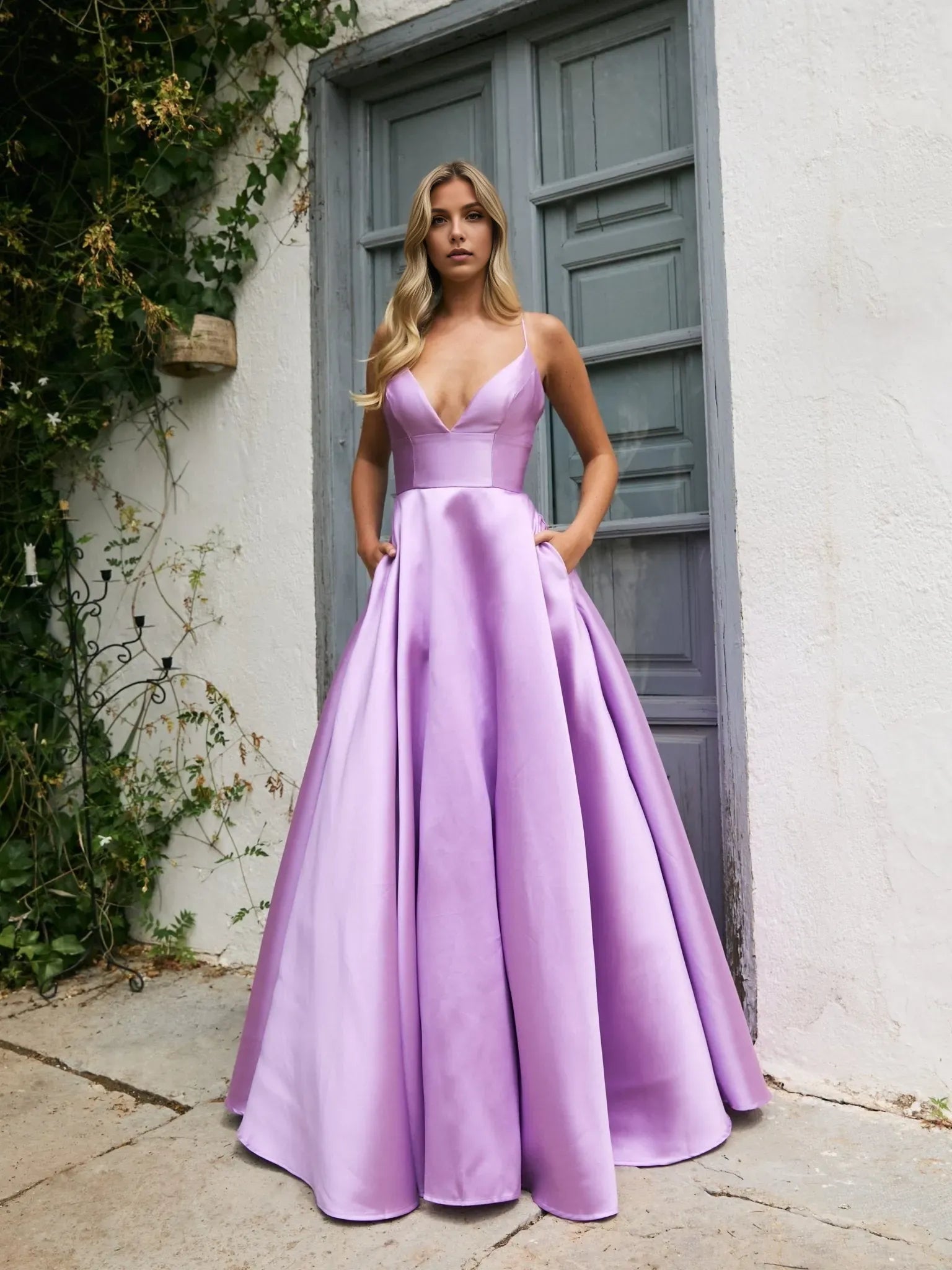 Elegant Lavender A-Line Deep V- Neck Spaghetti Strap Lace-Up Back Floor-Length Satin Prom Dress ﻿