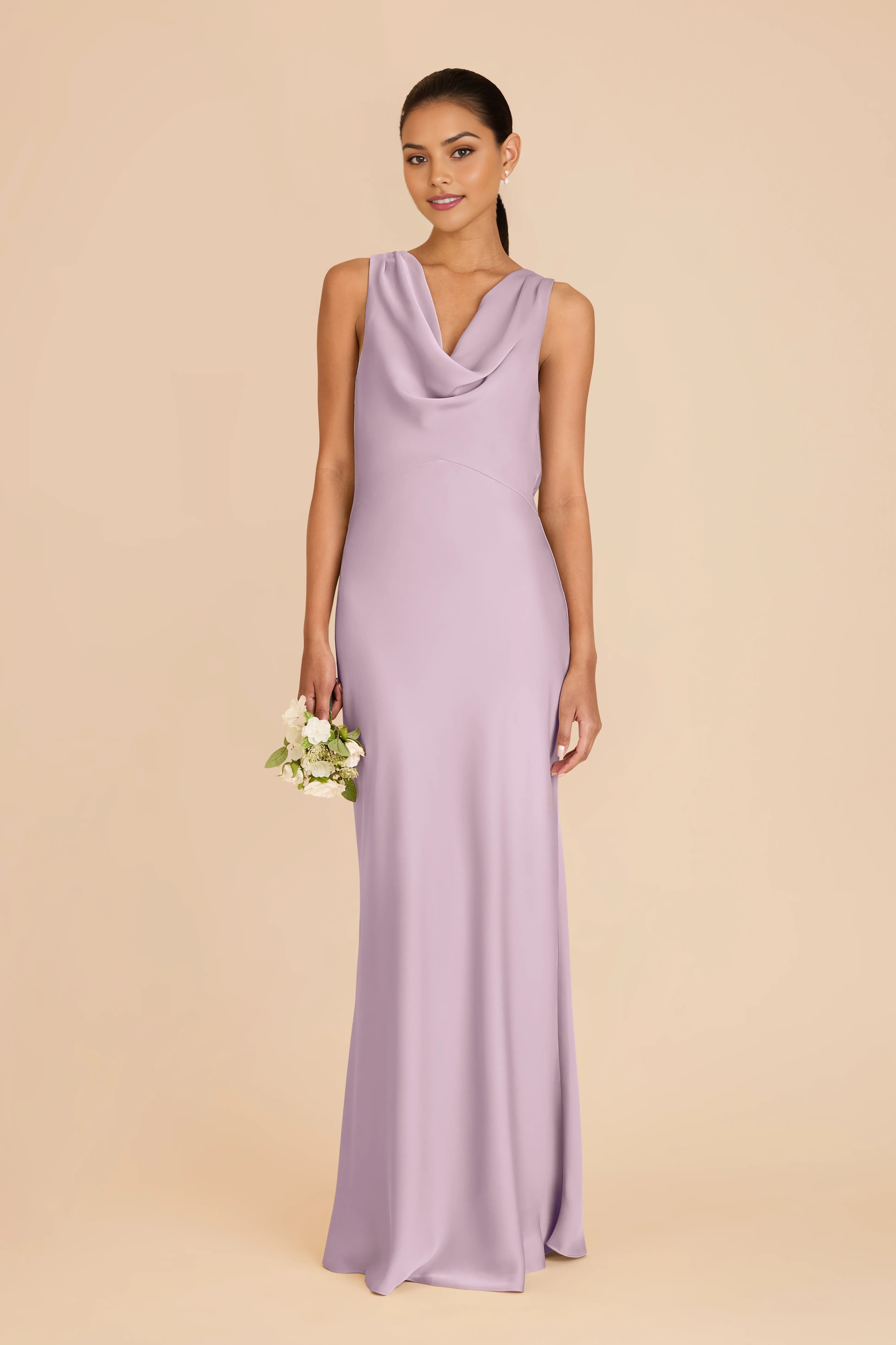 Elegant Lavender A-line Cowl Neckline Sleeveless Satin Open Back Tie Detail  Floor-Length Prom Dresses Hot Sale