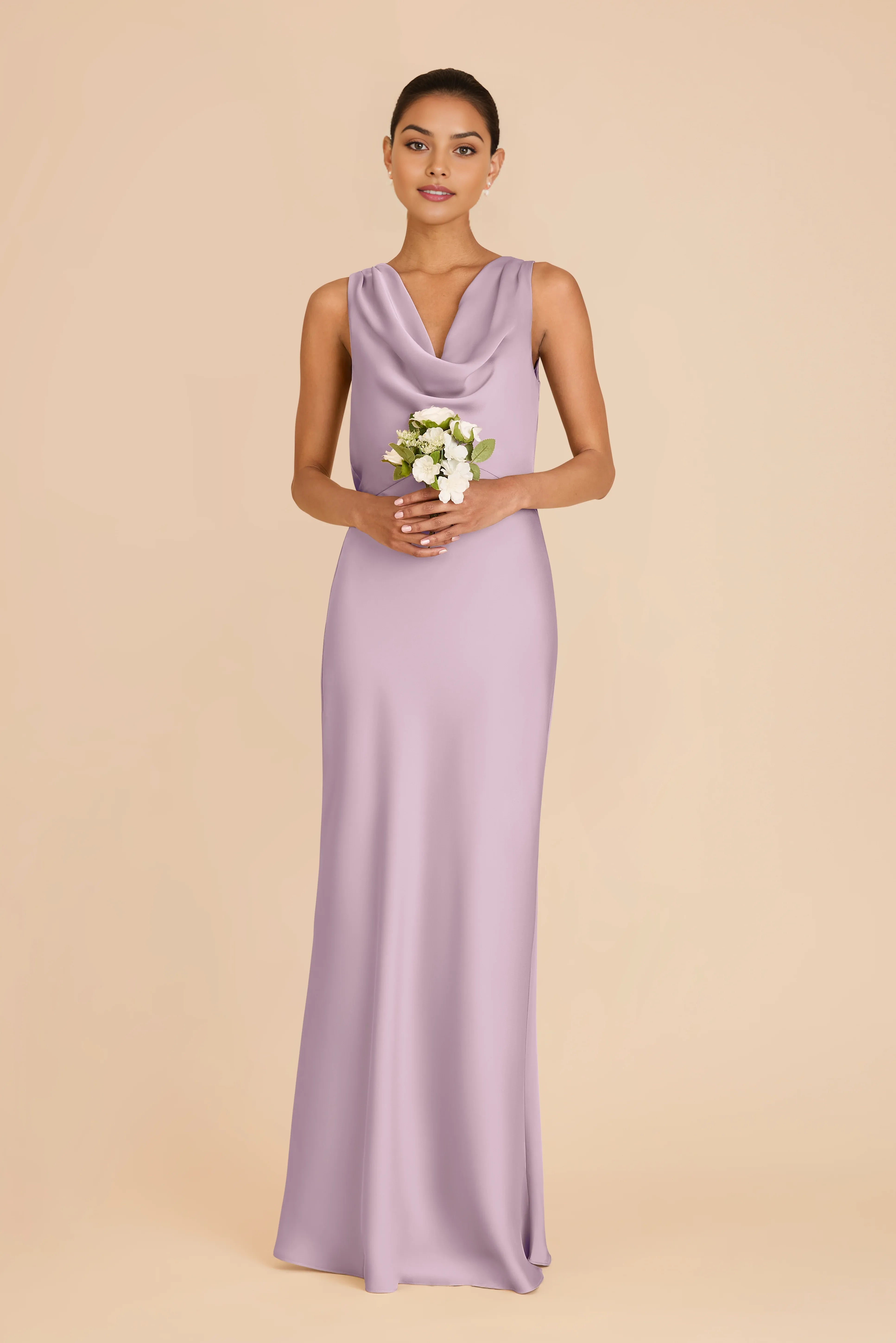 Elegant Lavender A-line Cowl Neckline Sleeveless Satin Open Back Tie Detail  Floor-Length Prom Dresses Hot Sale