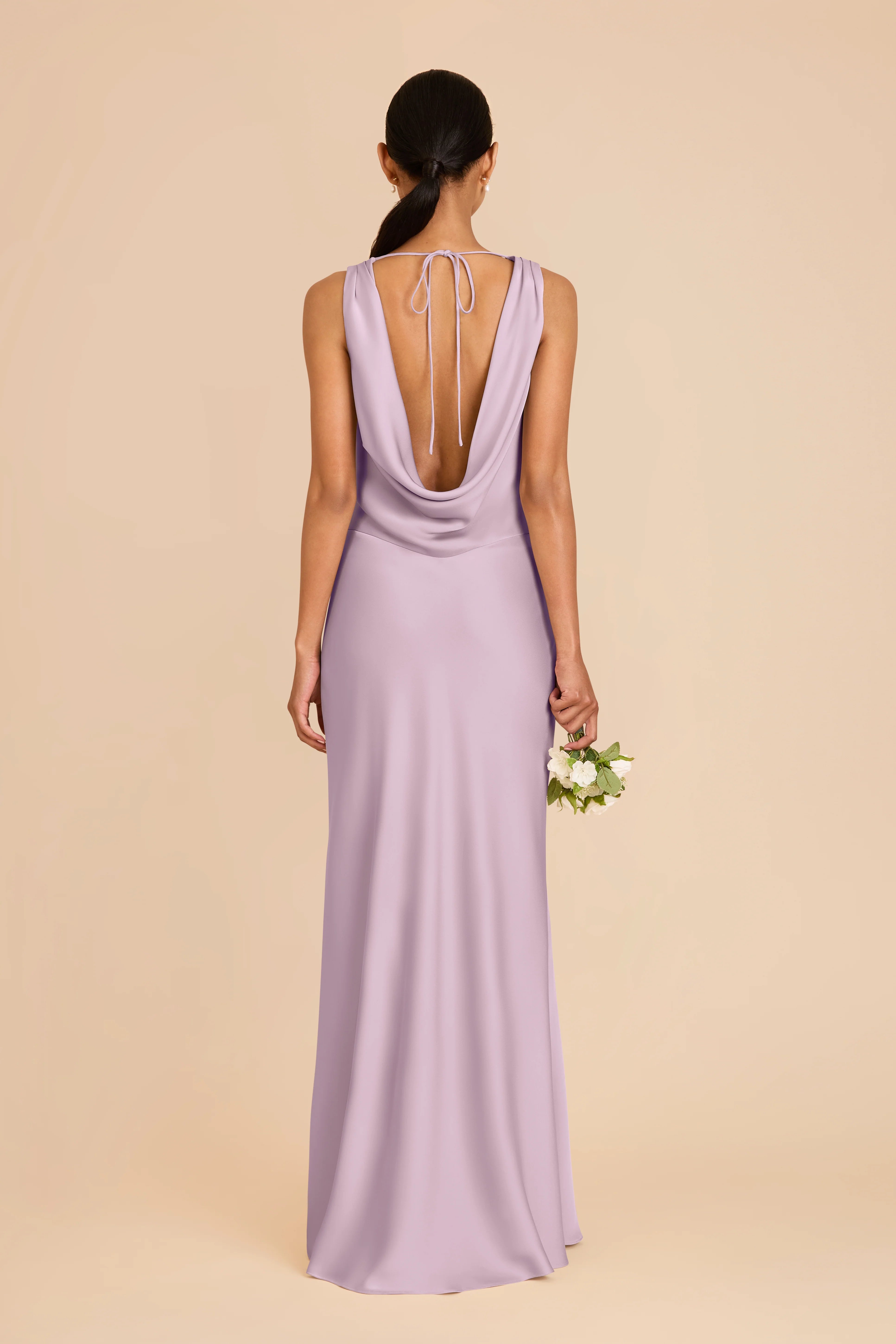 Elegant Lavender A-line Cowl Neckline Sleeveless Satin Open Back Tie Detail  Floor-Length Prom Dresses Hot Sale