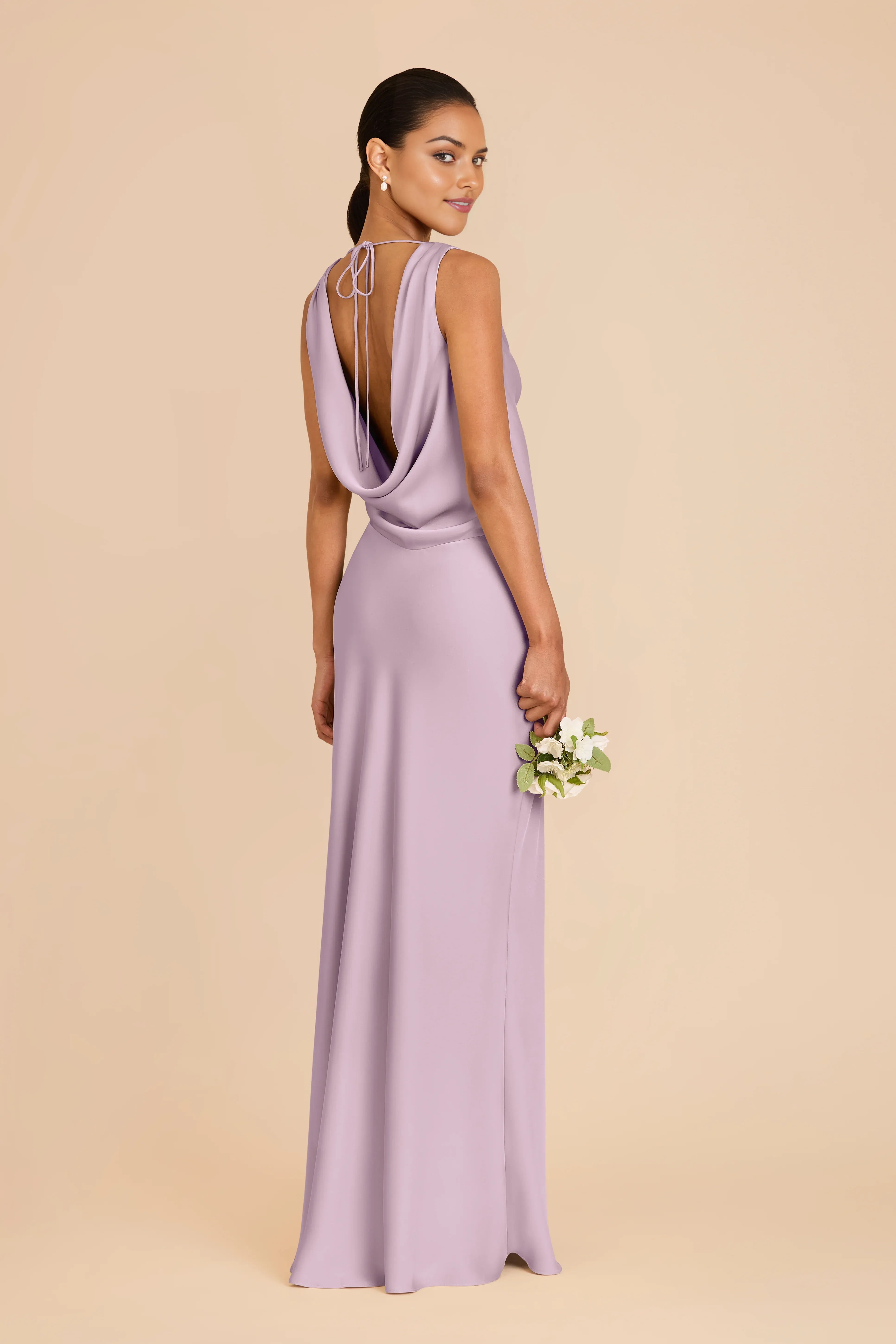 Elegant Lavender A-line Cowl Neckline Sleeveless Satin Open Back Tie Detail  Floor-Length Prom Dresses Hot Sale