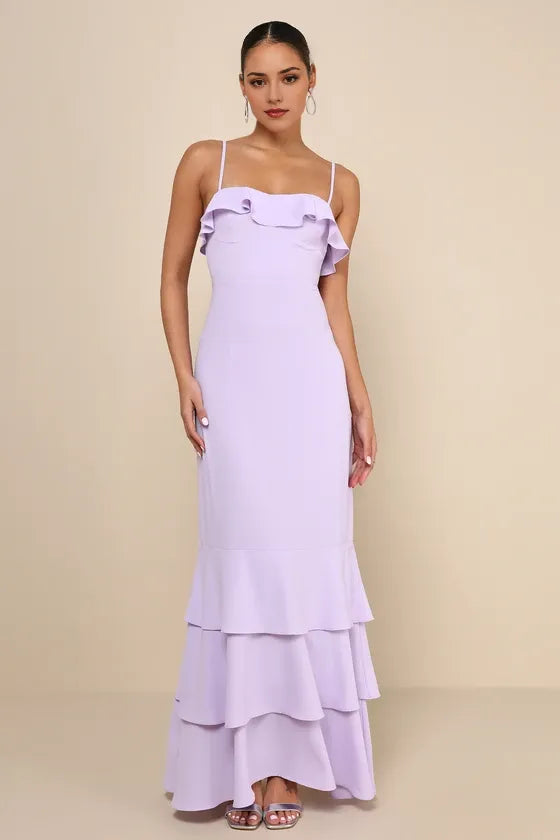 Elegant Lavender Mermaid Spaghetti-Strap Sleeveless Back Zip Floor-Length Ruffled Tiered Prom Dresses ﻿