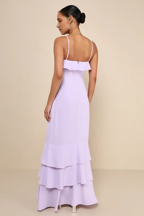 Elegant Lavender Mermaid Spaghetti-Strap Sleeveless Back Zip Floor-Length Ruffled Tiered Prom Dresses ﻿