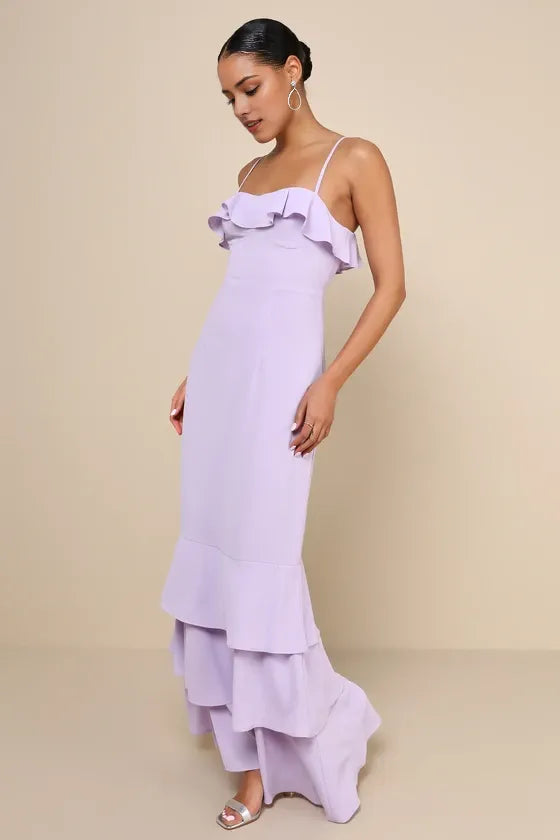 Elegant Lavender Mermaid Spaghetti-Strap Sleeveless Back Zip Floor-Length Ruffled Tiered Prom Dresses ﻿