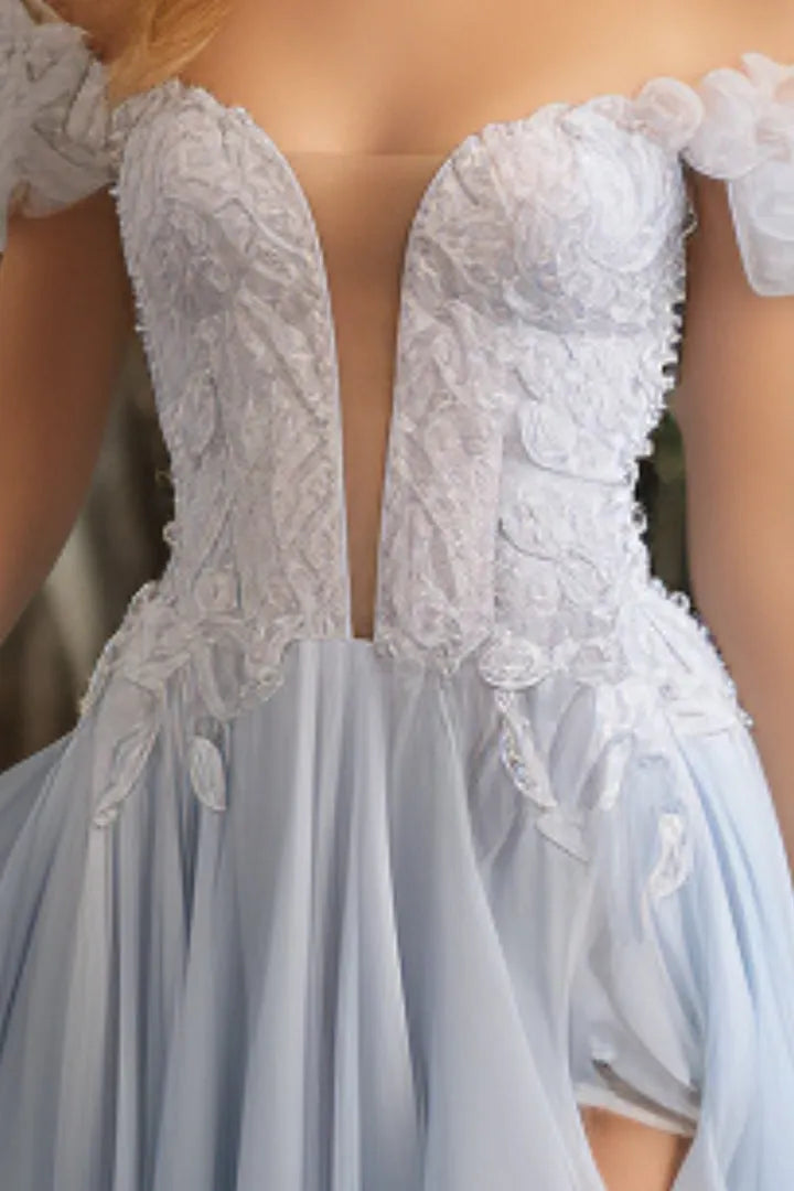 Elegant Light Blue A-Line Off-Shoulder Ruffle Sleeve Back Zip Sweep/Brush Train Side Leg Slit Prom Dress
