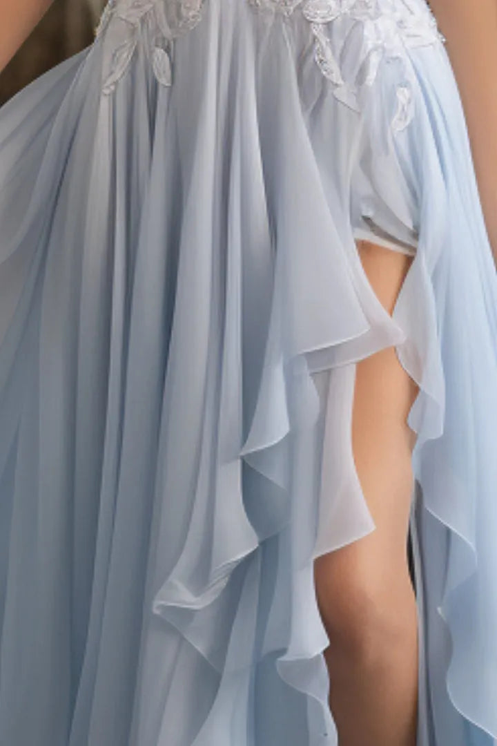 Elegant Light Blue A-Line Off-Shoulder Ruffle Sleeve Back Zip Sweep/Brush Train Side Leg Slit Prom Dress