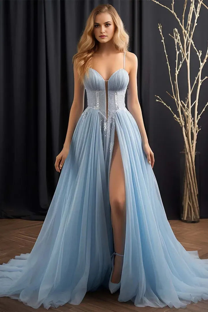 Elegant Light Blue A-Line Sweetheart Neck Sleeveless Lace Up Floor-Length High Slit Tulle Prom Dress