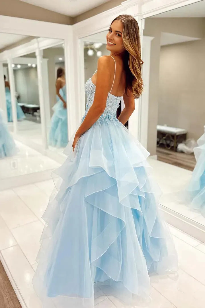 Elegant Light Blue A-Line Sweetheart Neck Sleeveless Layered Tulle Open -Back Back Zip Floor-Length Prom Dress