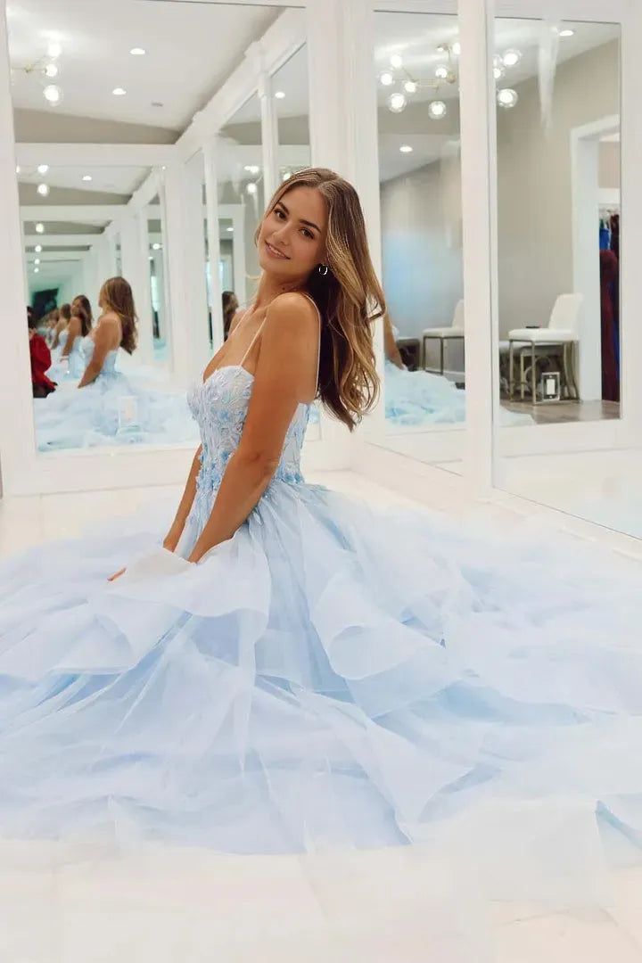 Elegant Light Blue A-Line Sweetheart Neck Sleeveless Layered Tulle Open -Back Back Zip Floor-Length Prom Dress