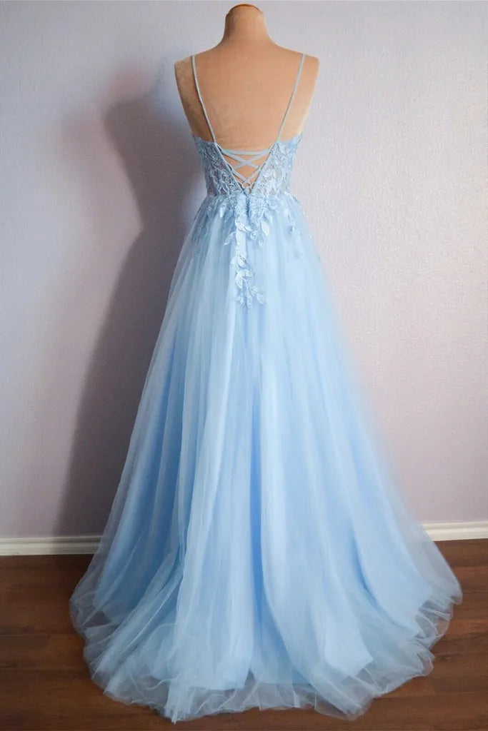 Elegant Light Blue A-line V- Neck Spaghetti-Strap Lace-Up Back Flora Lace Tulle Floor-Length  Prom Dress