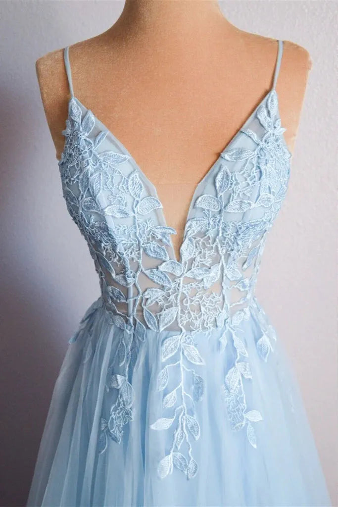 Elegant Light Blue A-line V- Neck Spaghetti-Strap Lace-Up Back Flora Lace Tulle Floor-Length  Prom Dress
