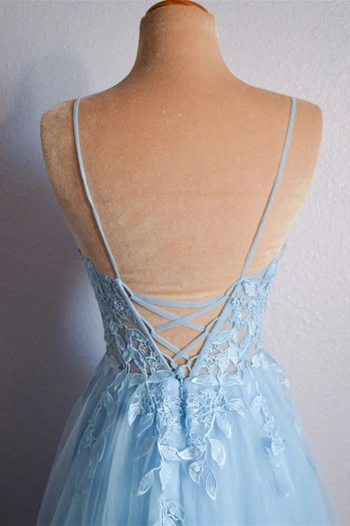Elegant Light Blue A-line V- Neck Spaghetti-Strap Lace-Up Back Flora Lace Tulle Floor-Length  Prom Dress