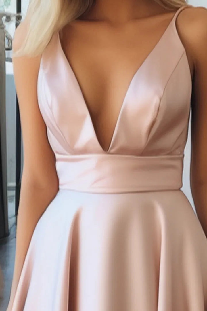 Elegant Light Pink A-Line Deep V-Neck Spaghetti Strap Lace Up Floor-Length Prom Dress for sale