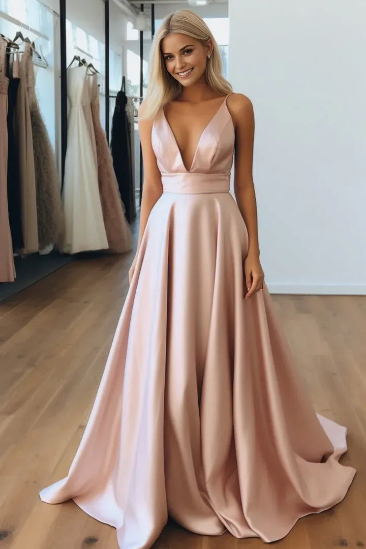 Elegant Light Pink A-Line Deep V-Neck Spaghetti Strap Lace Up Floor-Length Prom Dress for sale