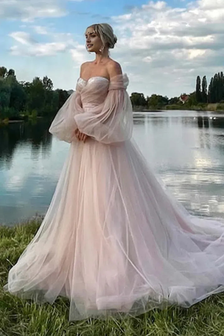Elegant Light Pink A-Line Off - Shoulder Puff Sleeve Tulle Lace Up Sweep/Brush Train Prom Dress Hot Sale