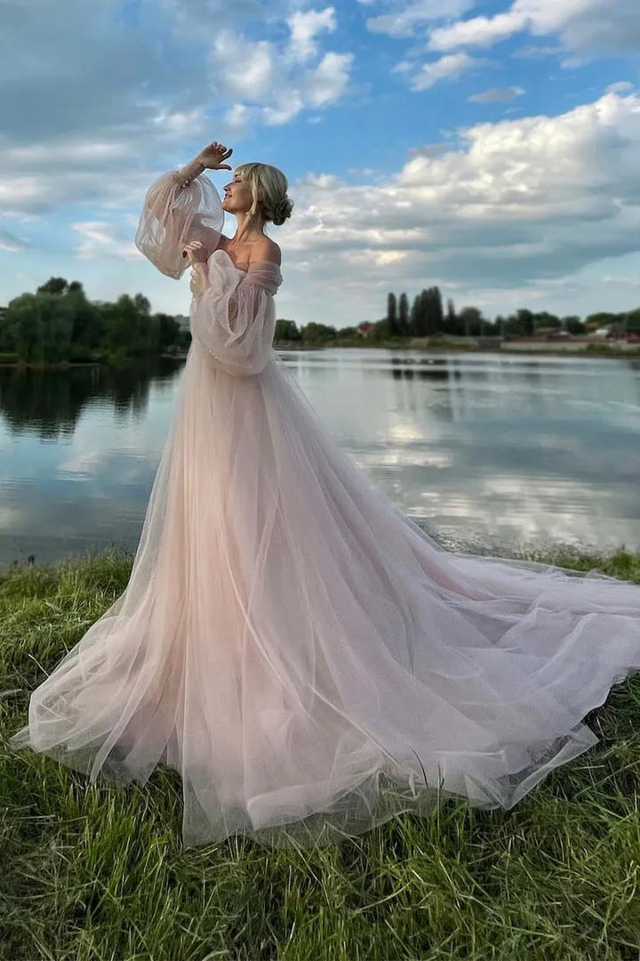 Elegant Light Pink A-Line Off - Shoulder Puff Sleeve Tulle Lace Up Sweep/Brush Train Prom Dress Hot Sale