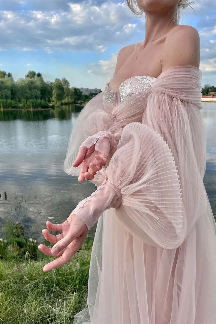 Elegant Light Pink A-Line Off - Shoulder Puff Sleeve Tulle Lace Up Sweep/Brush Train Prom Dress Hot Sale