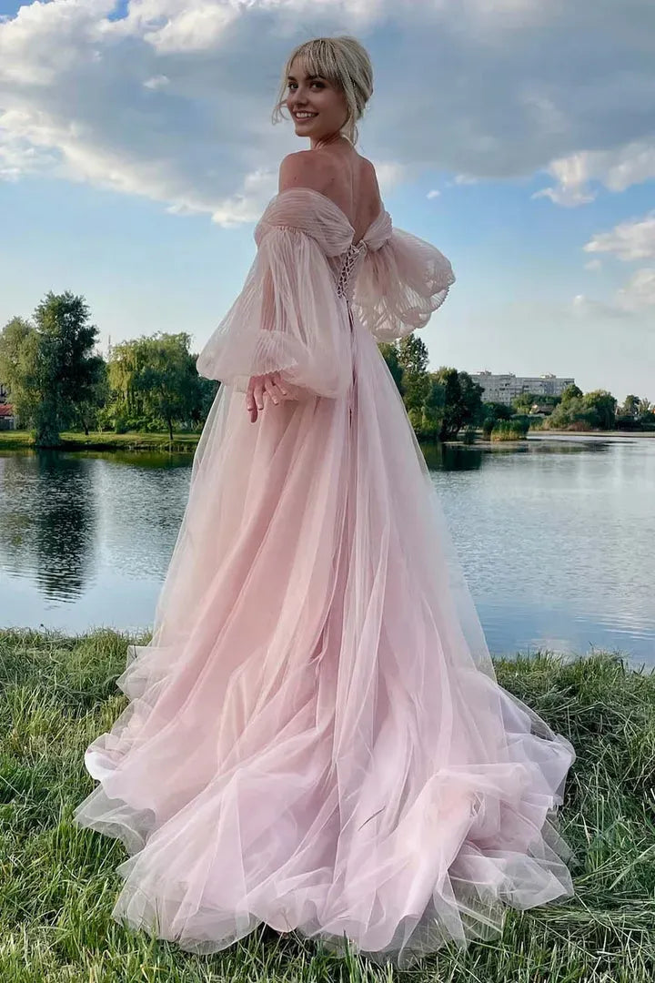 Elegant Light Pink A-Line Off - Shoulder Puff Sleeve Tulle Lace Up Sweep/Brush Train Prom Dress Hot Sale
