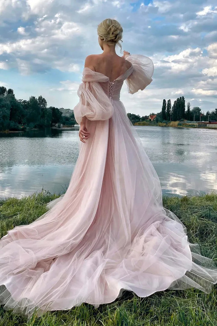 Elegant Light Pink A-Line Off - Shoulder Puff Sleeve Tulle Lace Up Sweep/Brush Train Prom Dress Hot Sale