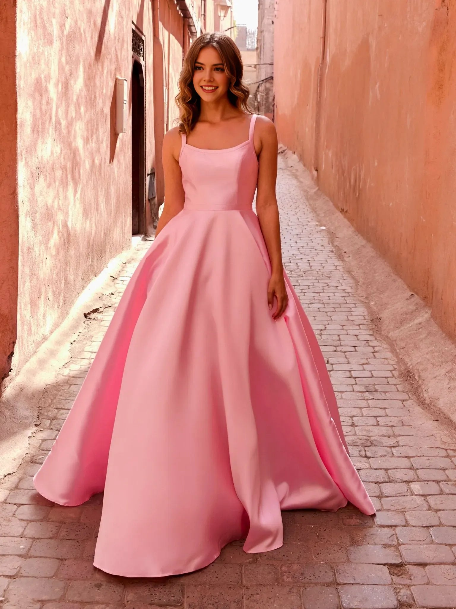 Elegant Light Pink A-Line Square Neck Sleeveless Strappy Back Satin Floor-Length Prom Dresses ﻿