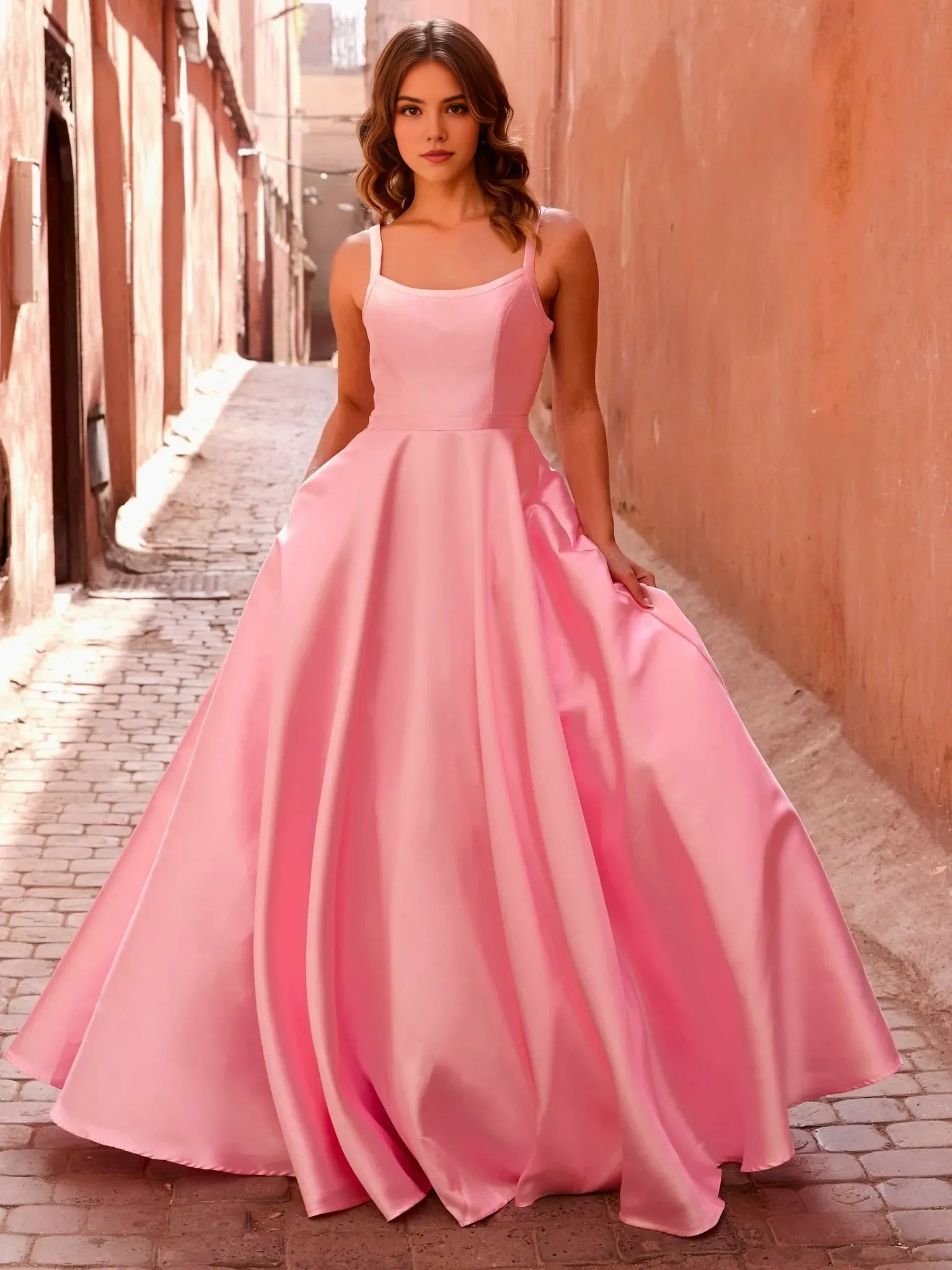 Elegant Light Pink A-Line Square Neck Sleeveless Strappy Back Satin Floor-Length Prom Dresses ﻿