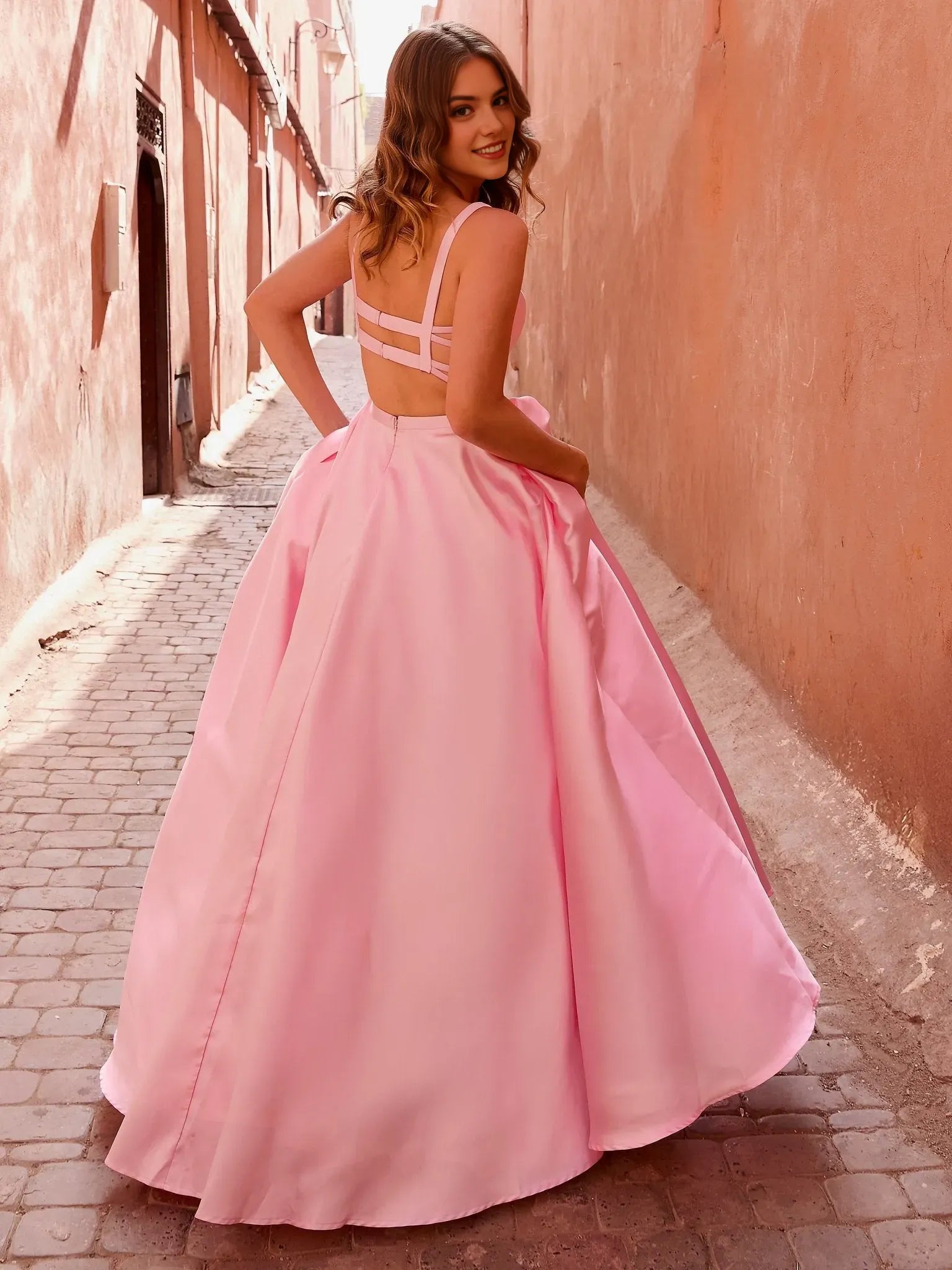 Elegant Light Pink A-Line Square Neck Sleeveless Strappy Back Satin Floor-Length Prom Dresses ﻿