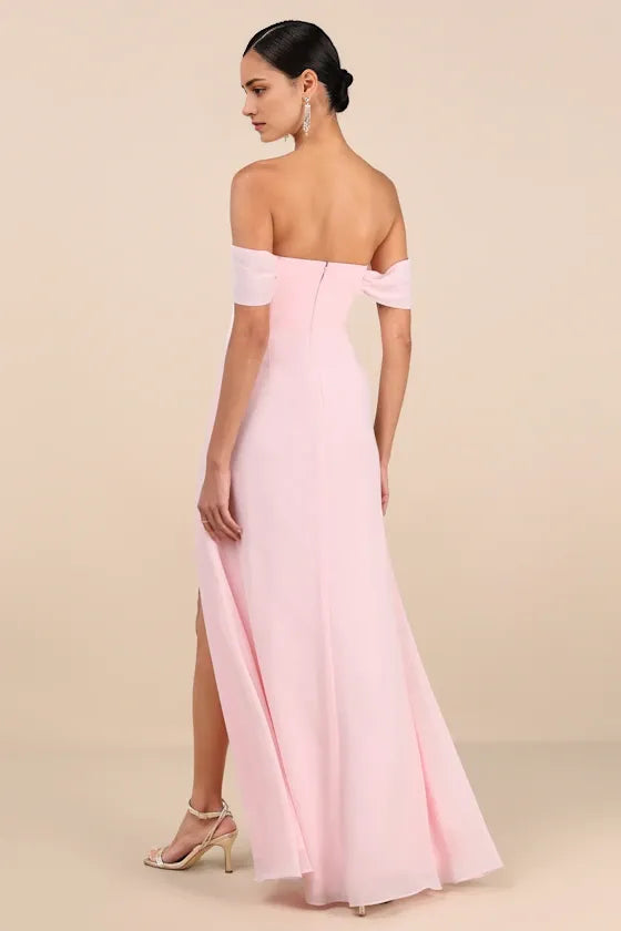 Elegant Light Pink Sheath Off-the-Shoulder Sleeveless Back Zip Ankle-Length High Slit Chiffon Prom Dresses