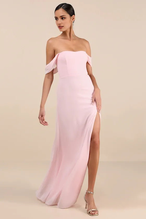 Elegant Light Pink Sheath Off-the-Shoulder Sleeveless Back Zip Ankle-Length High Slit Chiffon Prom Dresses