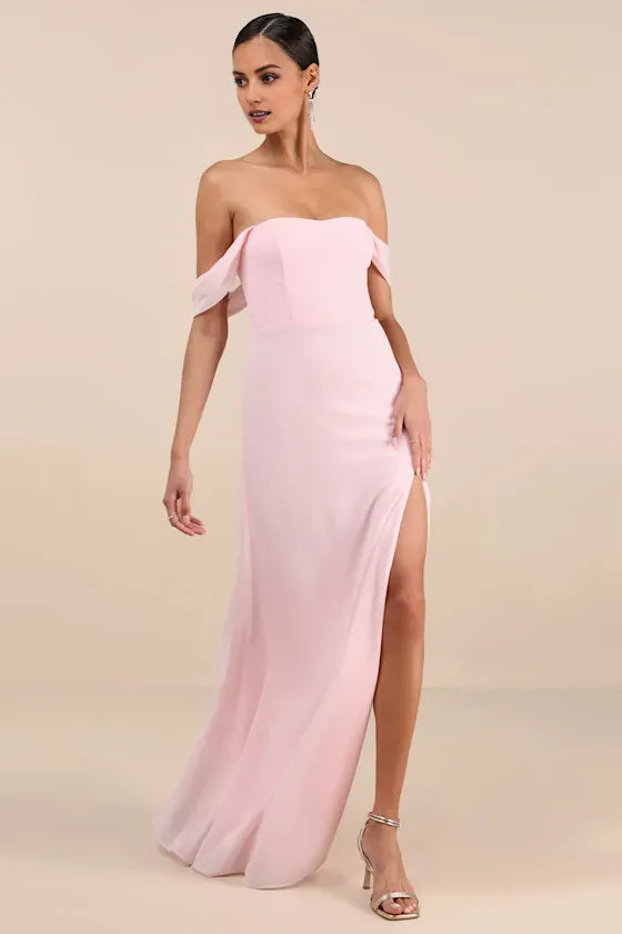 Elegant Light Pink Sheath Off-the-Shoulder Sleeveless Back Zip Floor-Length Satin Prom Dress with Slit
