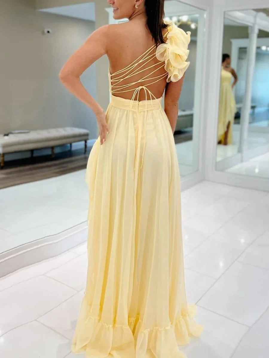 Elegant Light Yellow A-line One-Shoulder Sleeveless Flower-Embellished Lace-Up Asymmetrical Pleated Ruffle High-Low Prom Dress