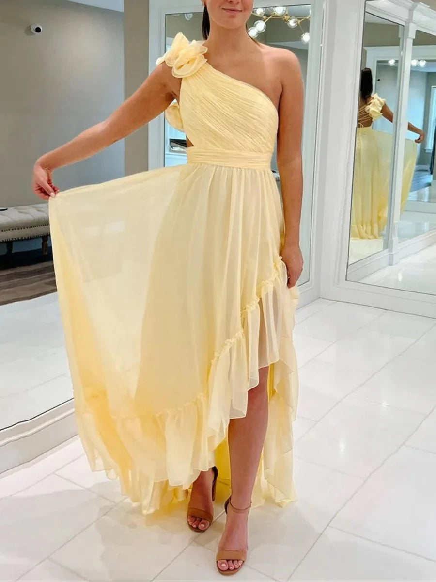 Elegant Light Yellow A-line One-Shoulder Sleeveless Flower-Embellished Lace-Up Asymmetrical Pleated Ruffle High-Low Prom Dress