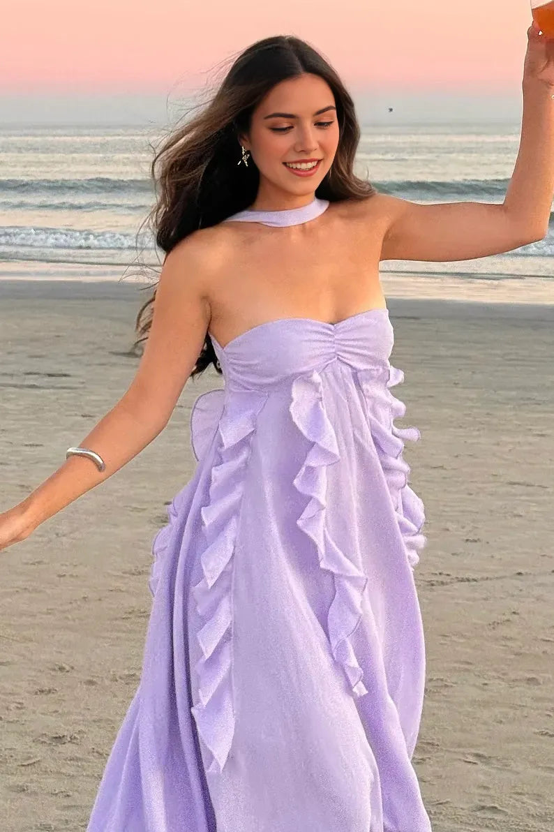 Elegant Lilac A-Line Halter Neck Sleeveless Tiered Open Back Floor-Length  Prom Dress with Ruffles