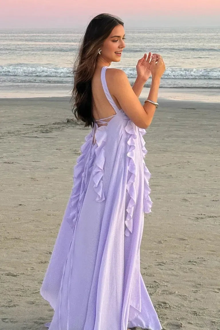 Elegant Lilac A-Line Halter Neck Sleeveless Tiered Open Back Floor-Length  Prom Dress with Ruffles