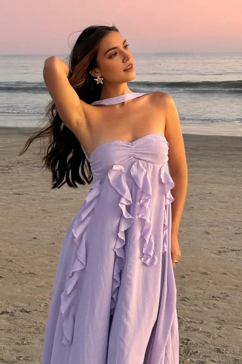 Elegant Lilac A-Line Halter Neck Sleeveless Tiered Open Back Floor-Length  Prom Dress with Ruffles