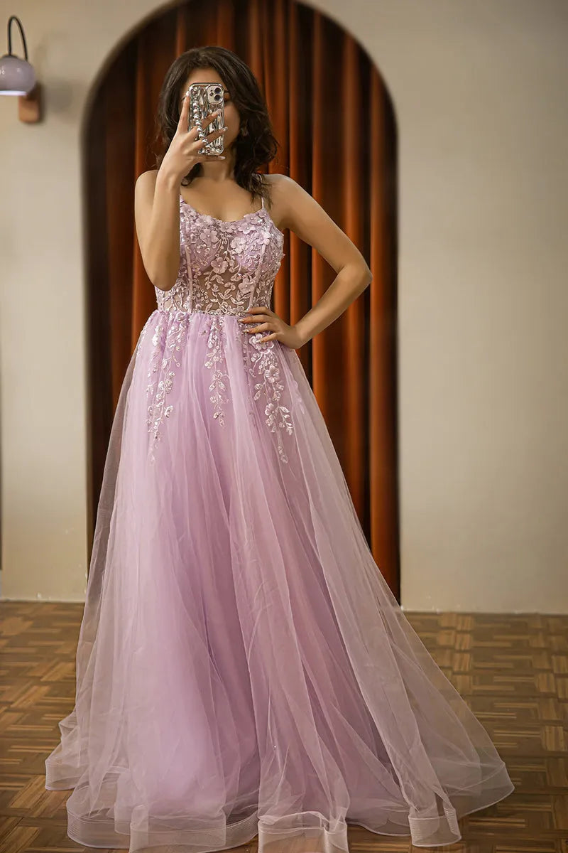 Elegant Lilac A-Line Spaghetti-Strap Sleeveless Lace Tulle Appliques Lace-Up Back Floor-Length Prom Dress