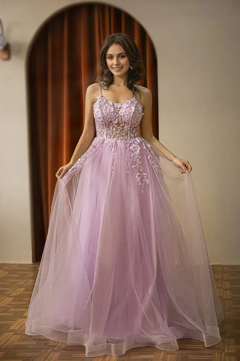 Elegant Lilac A-Line Spaghetti-Strap Sleeveless Lace Tulle Appliques Lace-Up Back Floor-Length Prom Dress