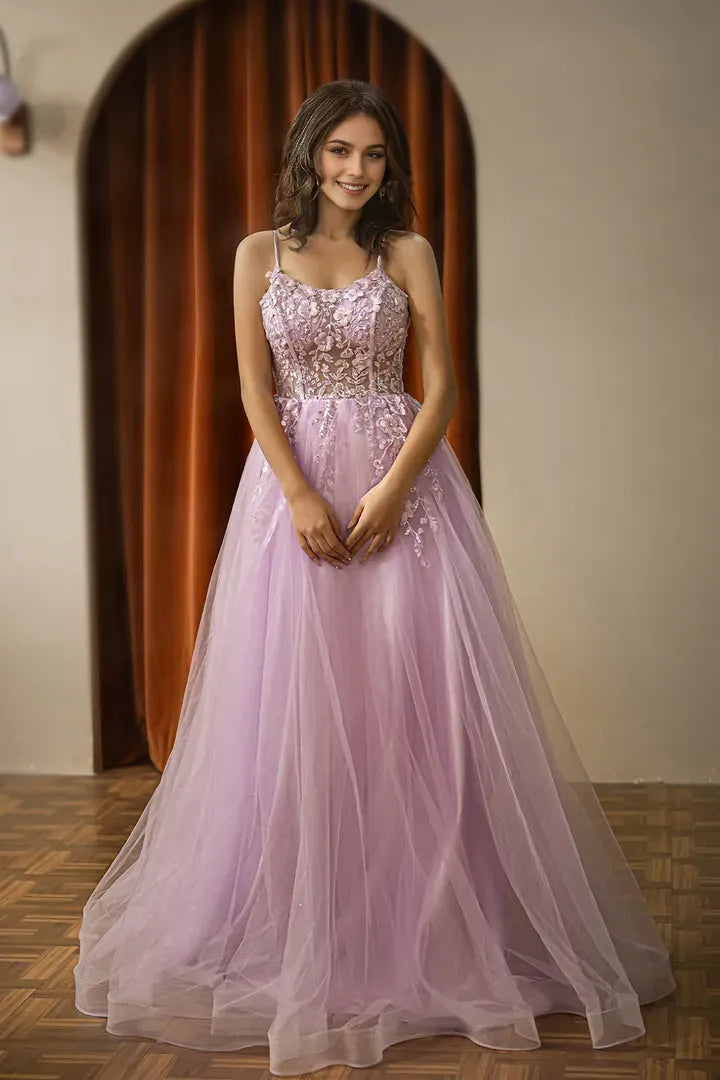 Elegant Lilac A-Line Spaghetti-Strap Sleeveless Lace Tulle Appliques Lace-Up Back Floor-Length Prom Dress