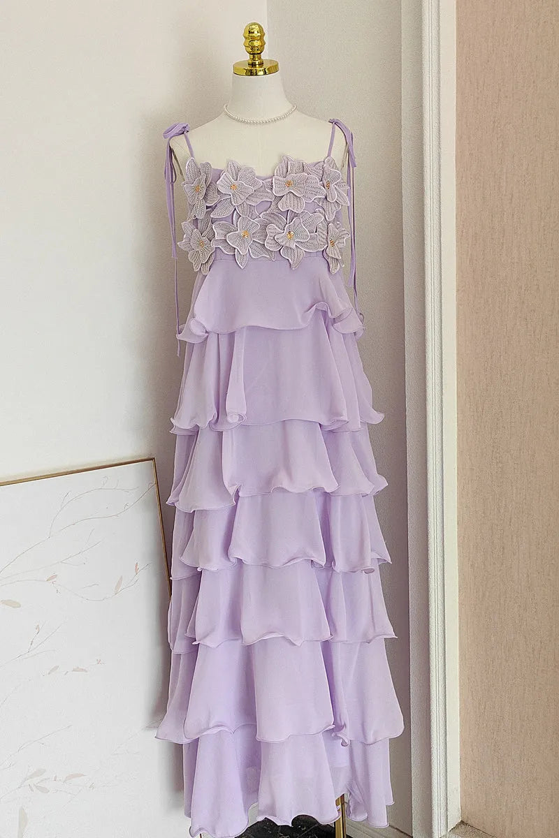 Elegant Lilac A-Line Square Neck Sleeveless Floral Ruffled Hem Open Back Floor-Length Prom Dresses Hot Sale