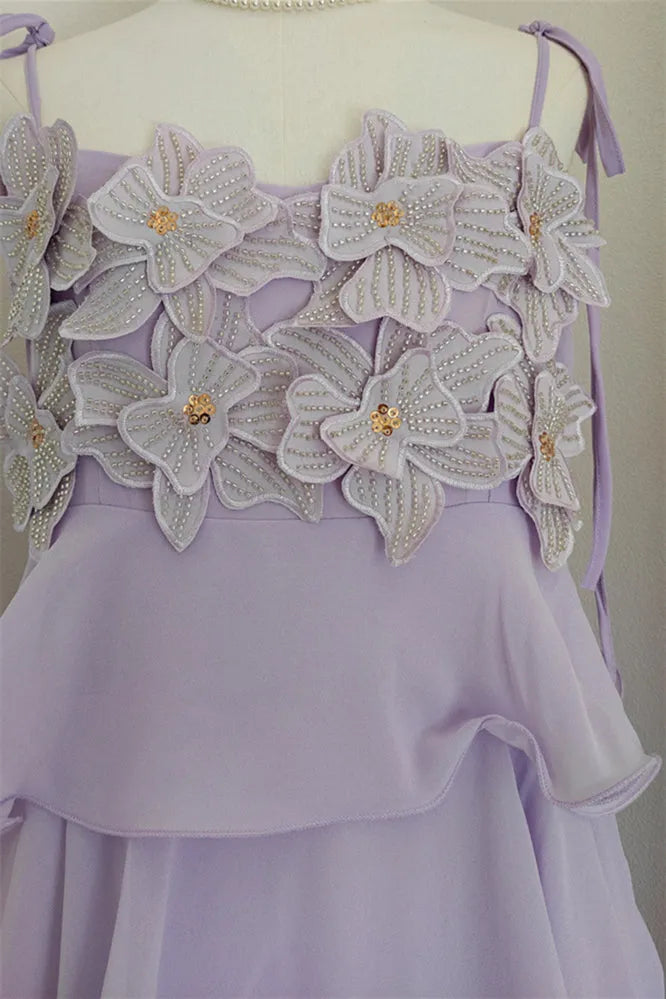 Elegant Lilac A-Line Square Neck Sleeveless Floral Ruffled Hem Open Back Floor-Length Prom Dresses Hot Sale