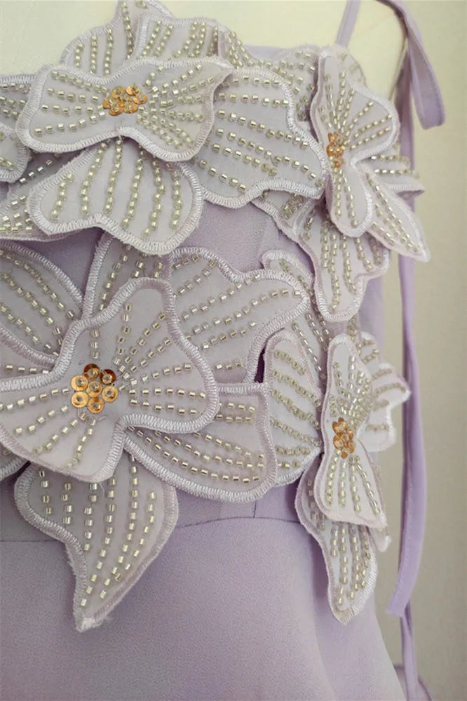 Elegant Lilac A-Line Square Neck Sleeveless Floral Ruffled Hem Open Back Floor-Length Prom Dresses Hot Sale