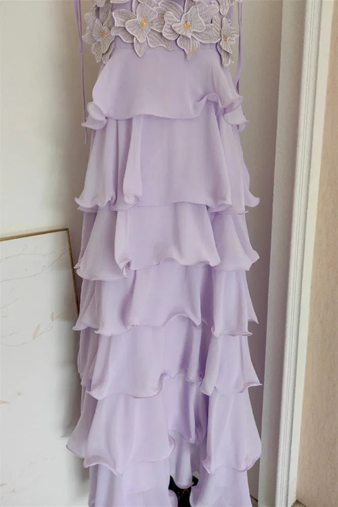 Elegant Lilac A-Line Square Neck Sleeveless Floral Ruffled Hem Open Back Floor-Length Prom Dresses Hot Sale