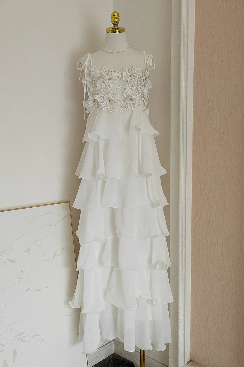 Elegant Lilac A-Line Square Neck Sleeveless Floral Ruffled Hem Open Back Floor-Length Prom Dresses Hot Sale