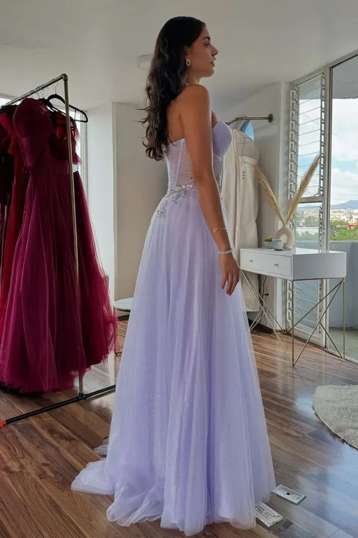 Elegant Lilac A-Line Strapless Sleeveless Sheer Bodice Tulle Open Back Back Zip Floor -Length Prom Dress