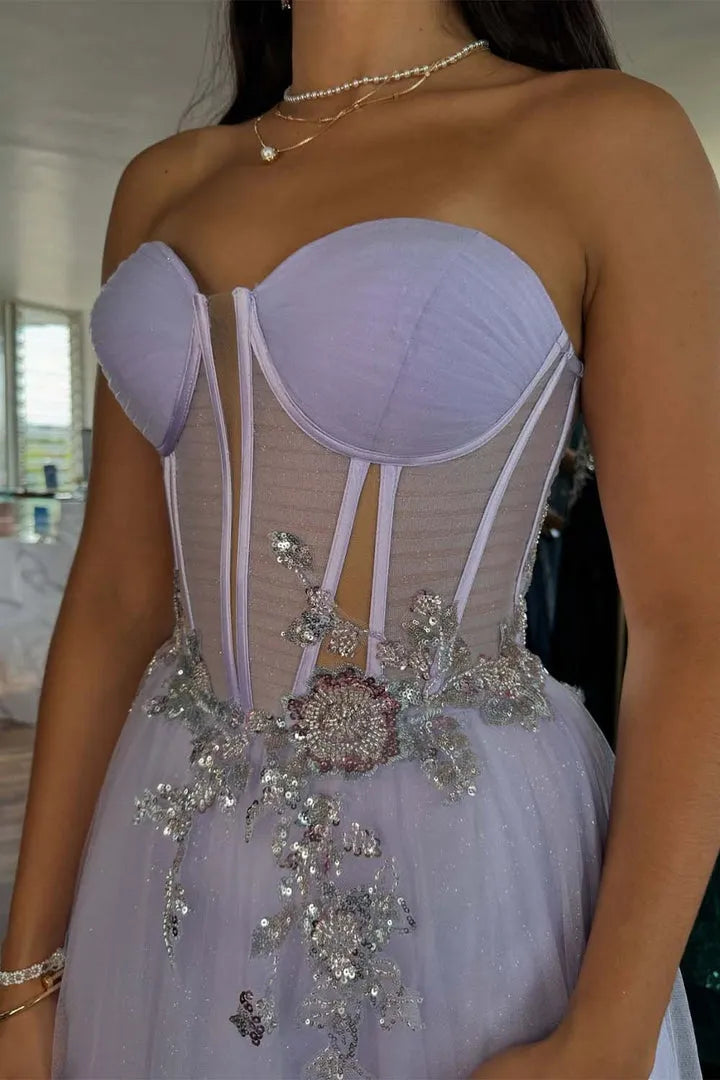 Elegant Lilac A-Line Strapless Sleeveless Sheer Bodice Tulle Open Back Back Zip Floor -Length Prom Dress