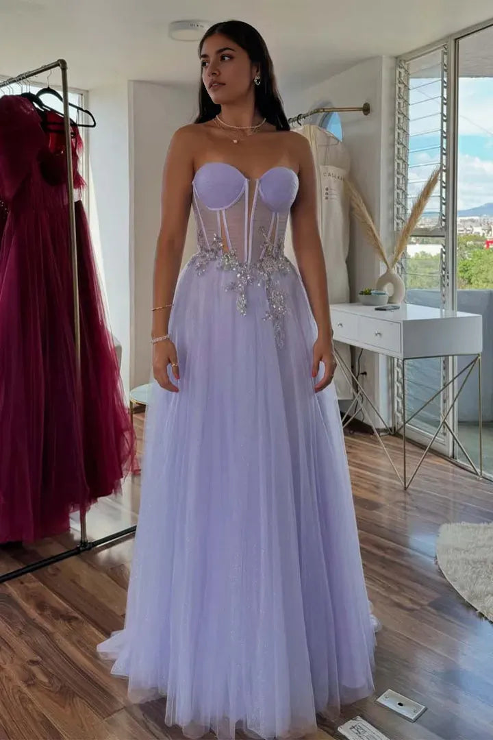 Elegant Lilac A-Line Strapless Sleeveless Sheer Bodice Tulle Open Back Back Zip Floor -Length Prom Dress
